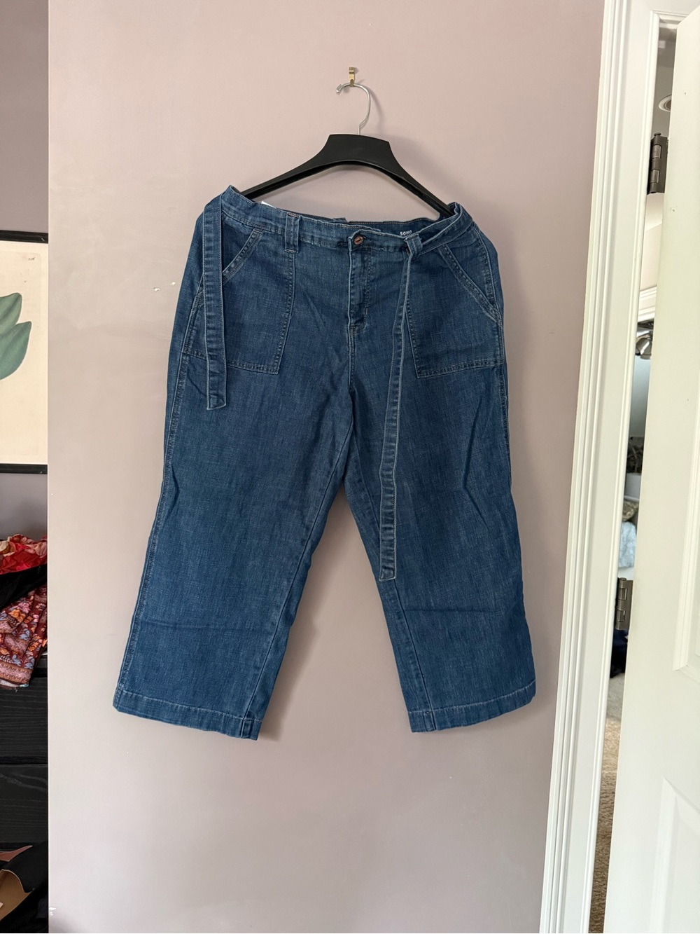 Women's Blue Denim Crop Jeans with Tie Waist
